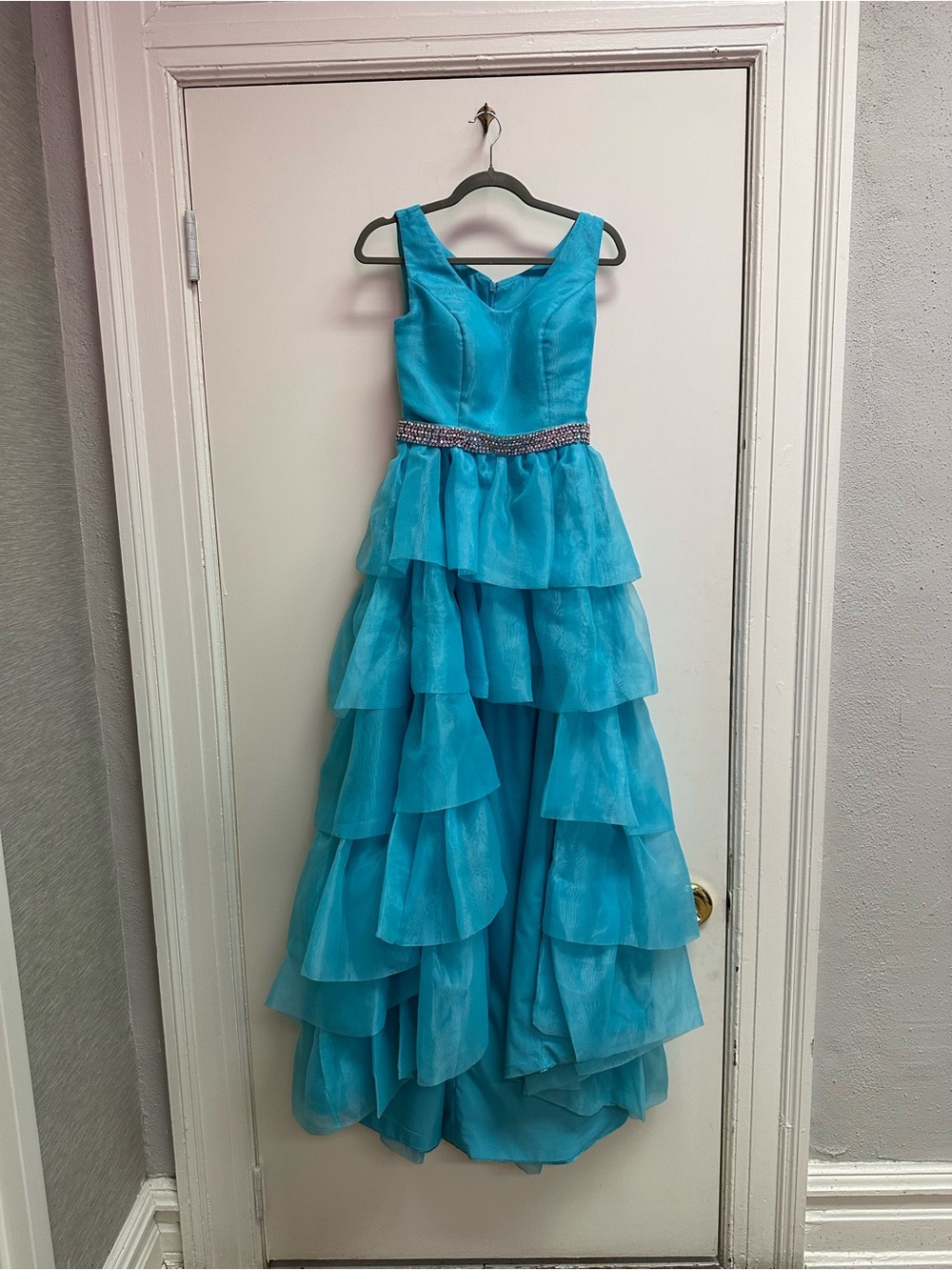 Turquoise High-Low Tiered Ruffle Dress with Embellished Waist